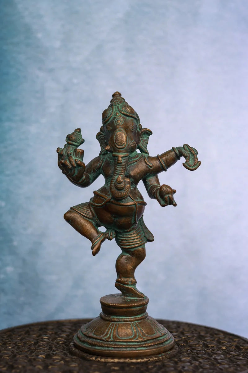 4″ Dancing Ganesha | Handcrafted Panchaloha | Green Patina Finish