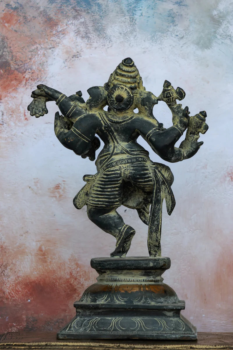 9″ Dancing Ganesha | Handcrafted Brass | Gray Stone Finish