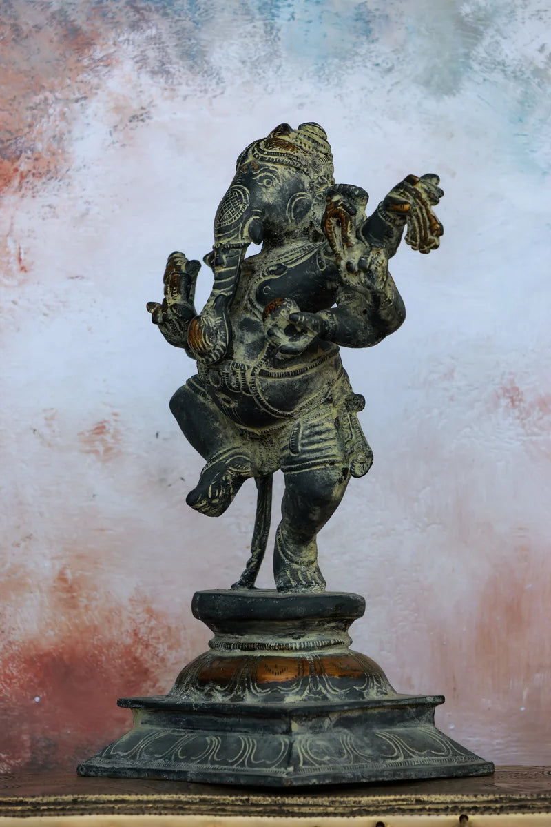 9″ Dancing Ganesha | Handcrafted Brass | Gray Stone Finish