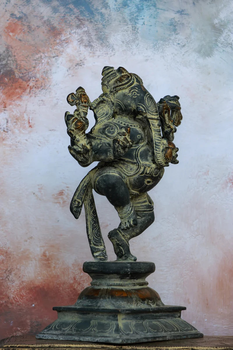 9″ Dancing Ganesha | Handcrafted Brass | Gray Stone Finish