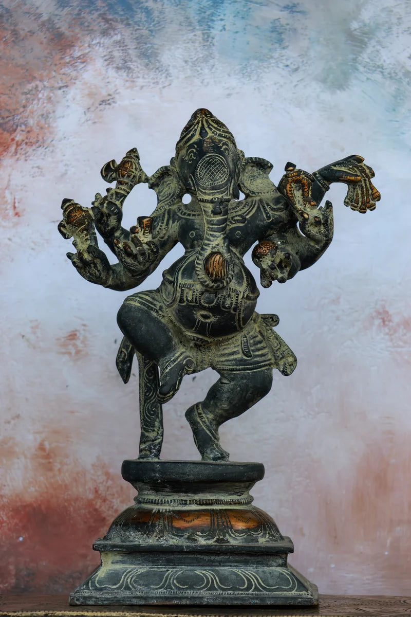 9″ Dancing Ganesha | Handcrafted Brass | Gray Stone Finish
