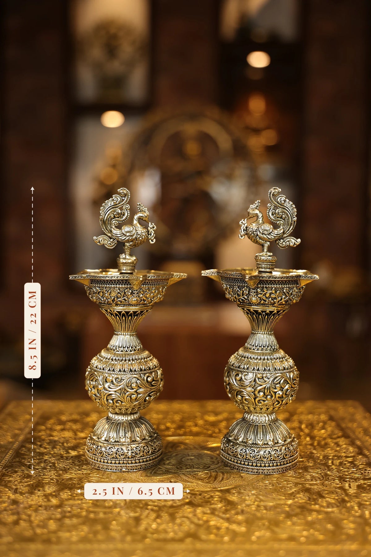 8.5″ Annam 5 Face Kuttuvillaku Pair | Super Fine Brass | Polished Finish — size and dimensions