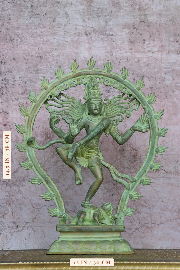 14″ Nataraja Tandav | Handcrafted Brass | Green Stone Finish dimensions