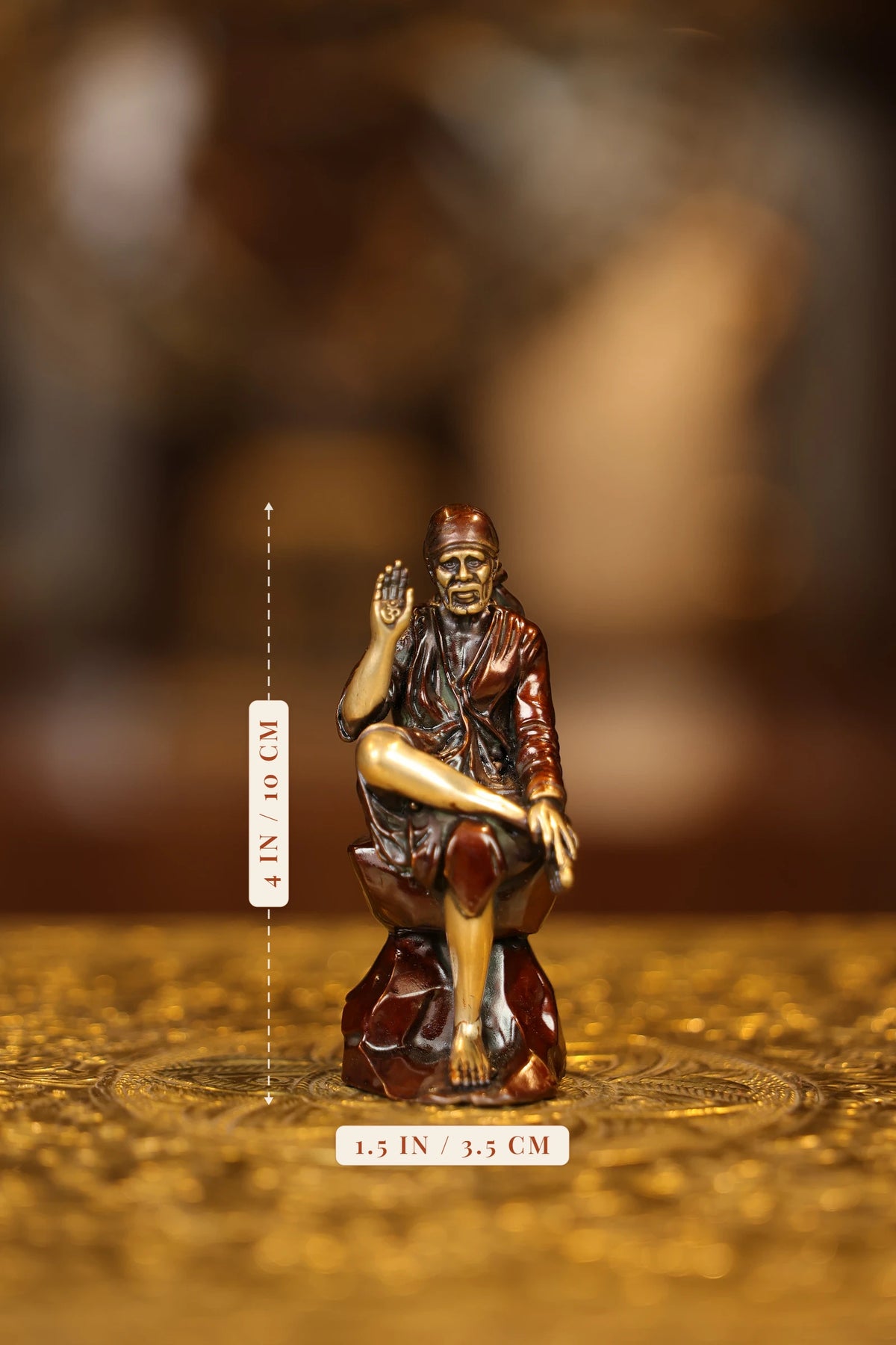 4″ Sai Baba Sitting | Super Fine Brass | Brown Gold Finish — size and dimensions