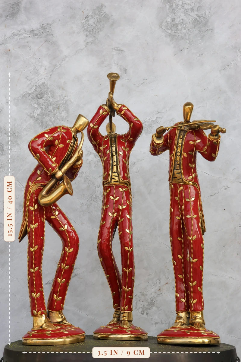 15.5″ Musician Man Set of 3 | Handcrafted Brass | Inlay Red Stone Finish — size and dimensions