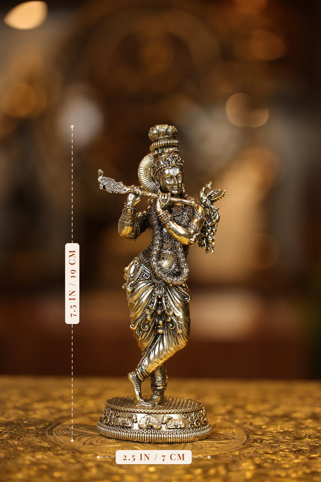 7″ Flute Krishna Round Base | Super Fine Brass | Polished Finish — size and dimensions