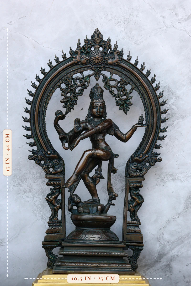 17″ Nataraja with Oval Arch | Handcrafted Brass | Antique Green Finish — size and dimensions