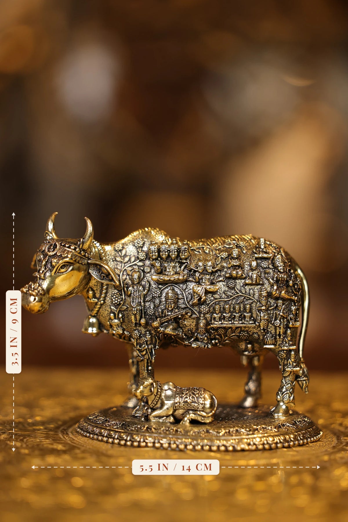 3″ Cow and Calf with Gods | Super Fine Brass | Polished Finish — size and dimensions