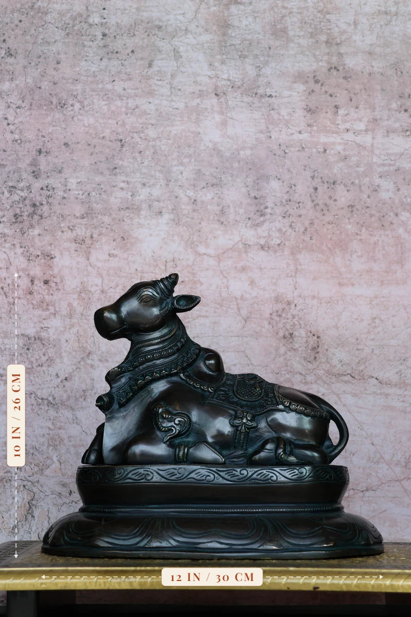 10″ Nandhi with Base | Handcrafted Brass | Antique Green Finish — size and dimensions