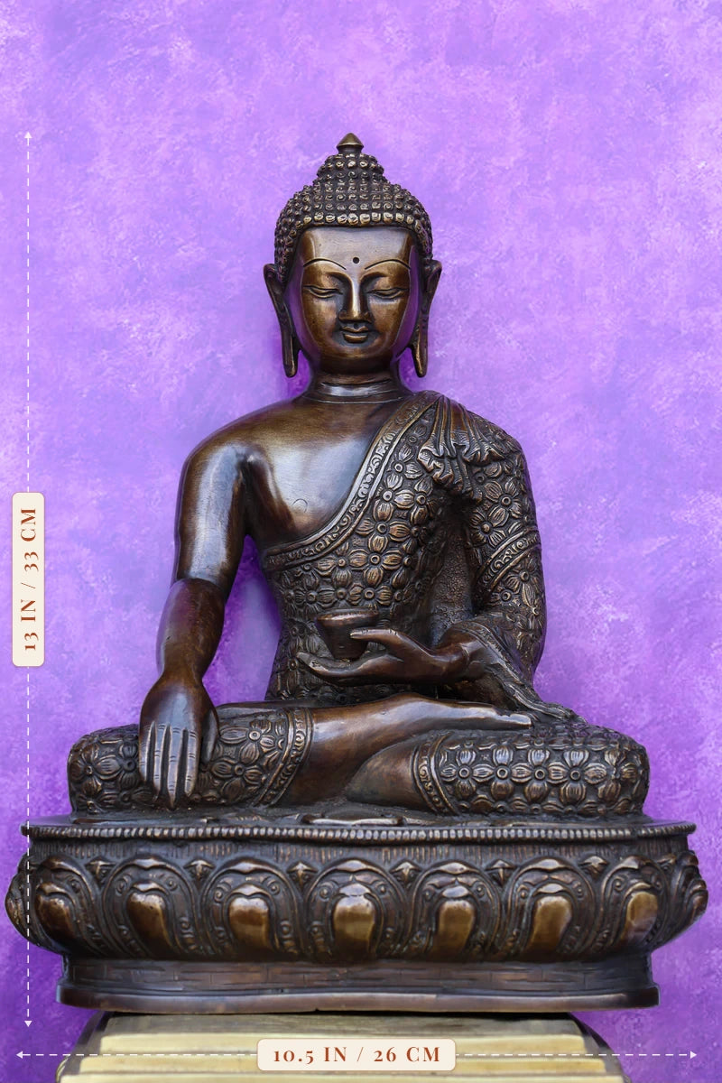 13″ Sitting Buddha | Handcrafted Brass | Antique Brown Finish — size and dimensions