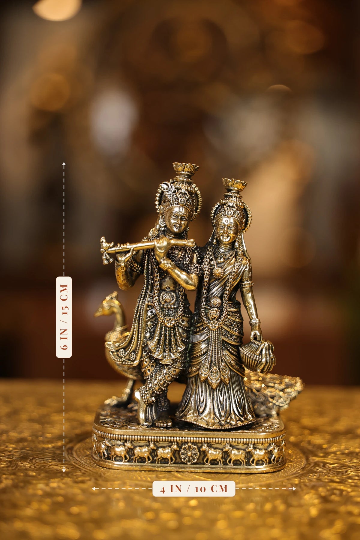 6″ Radha Krishna Standing with Peacock | Super Fine Brass | Polished Finish — size and dimensions