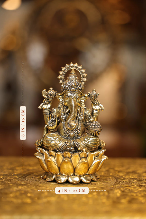 6″ Ganesha on Lotus | Super Fine Brass | Polished Finish dimensions