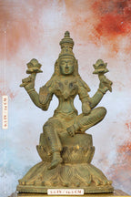 9.5″ Lakshmi on Lotus Base | Handcrafted Brass | Green Stone Finish — size and dimensions