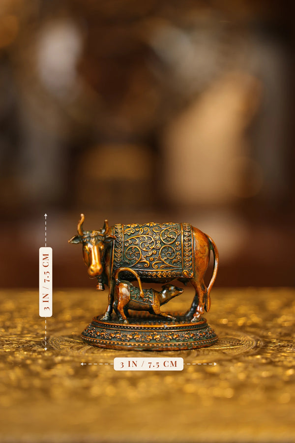 3″ Cow with Calf Base | Super Fine Brass | Double Chola Finish dimensions