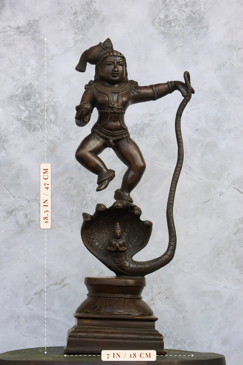 18.5″ Kalinga Krishna (Krishna on Snake) | Handcrafted Brass | Antique Brown Finish — size and dimensions