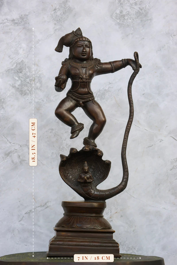 18.5″ Kalinga Krishna (Krishna on Snake) | Handcrafted Brass | Antique Brown Finish dimensions