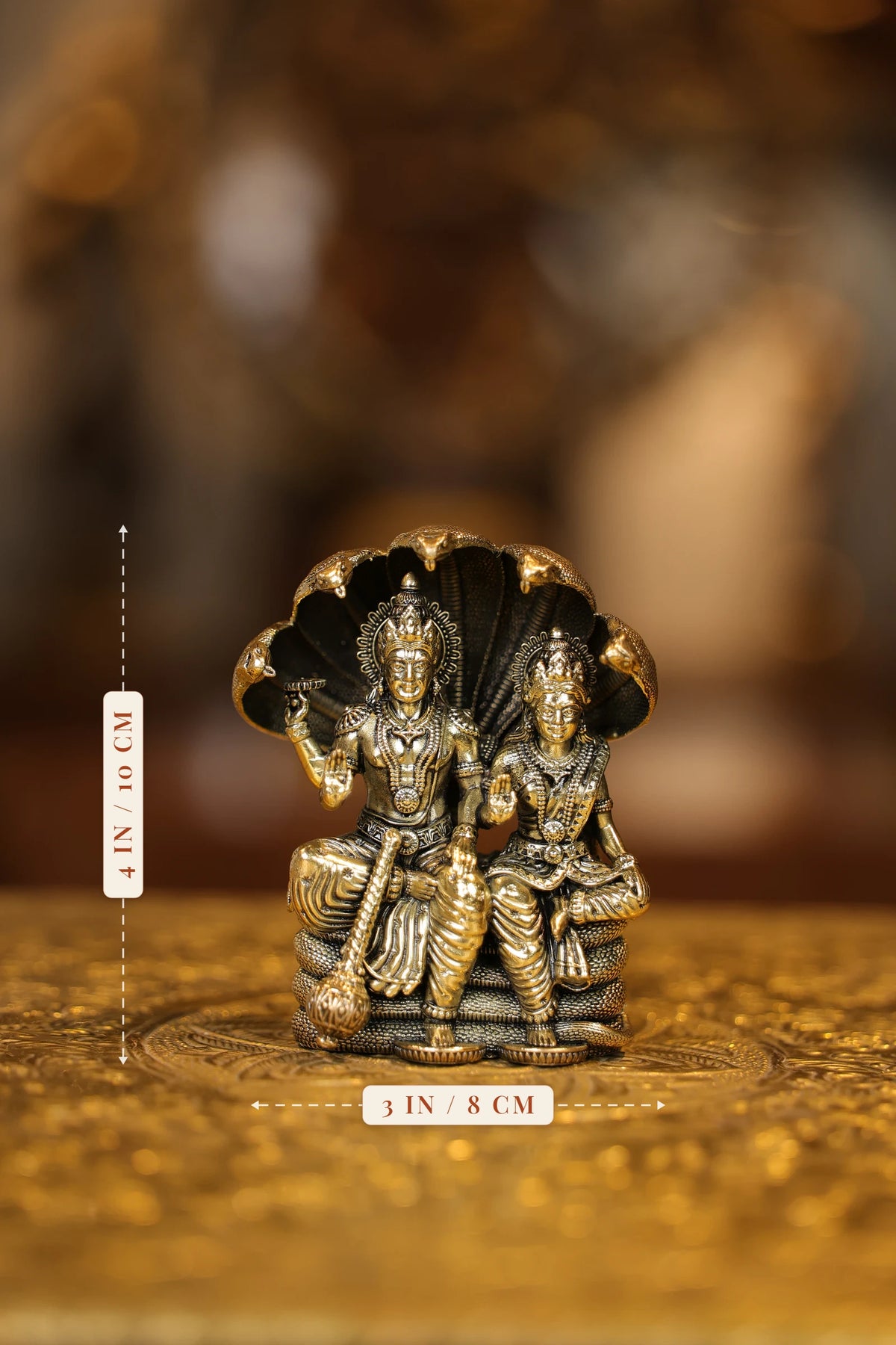4″ Vishnu Lakshmi sitting on Snake | Super Fine Brass | Polished Finish — size and dimensions