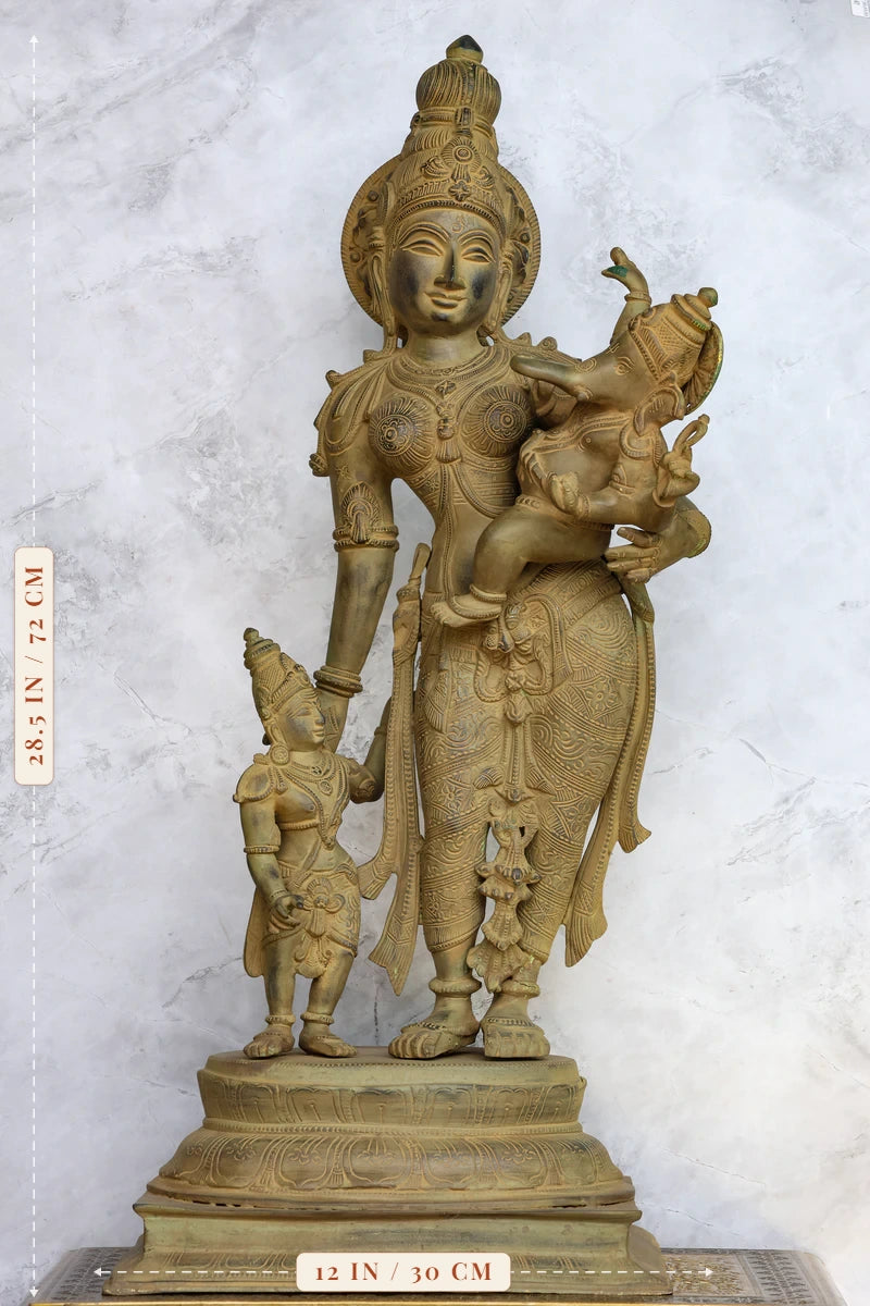 28.5″ Parvati With Murugan & Ganesh (Divine Mother) | Handcrafted Brass | Green Stone Finish — size and dimensions