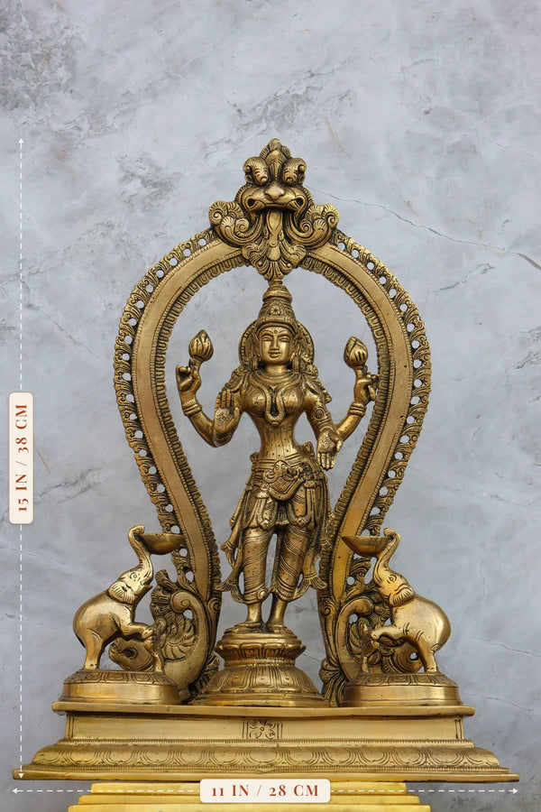 15″ Standing Gaja Lakshmi with Arch | Handcrafted Brass | Polished Finish dimensions