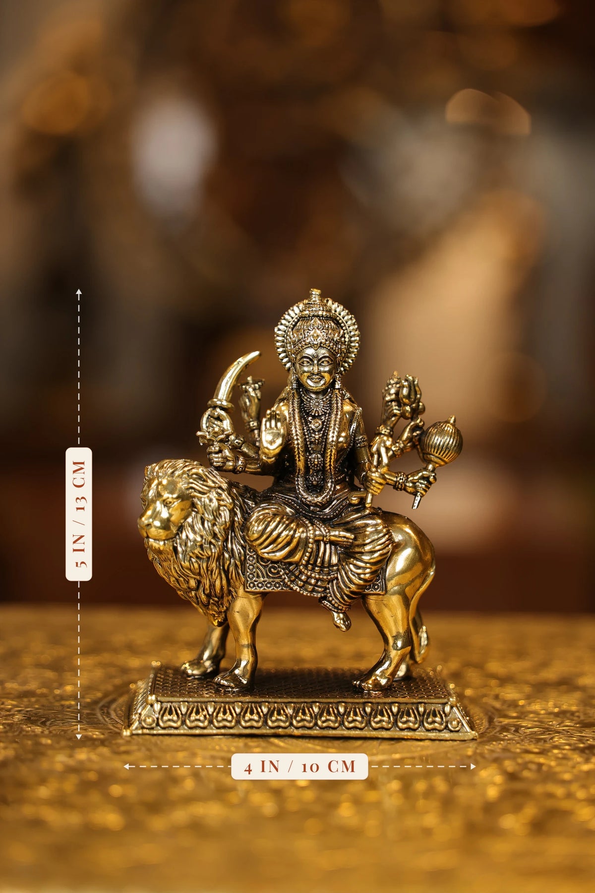 5″ Maa Durga on Lion with Base | Super Fine Brass | Polished Finish — size and dimensions