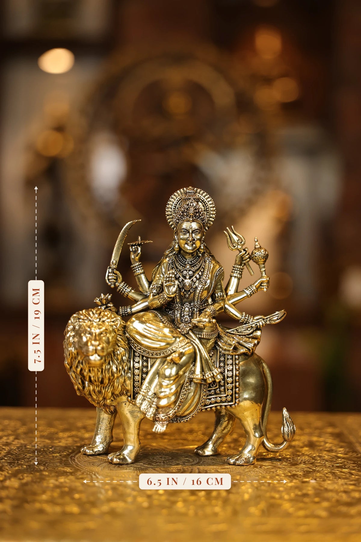 7″ Maa Durga sitting on Lion | Super Fine Brass | Polished Finish — size and dimensions
