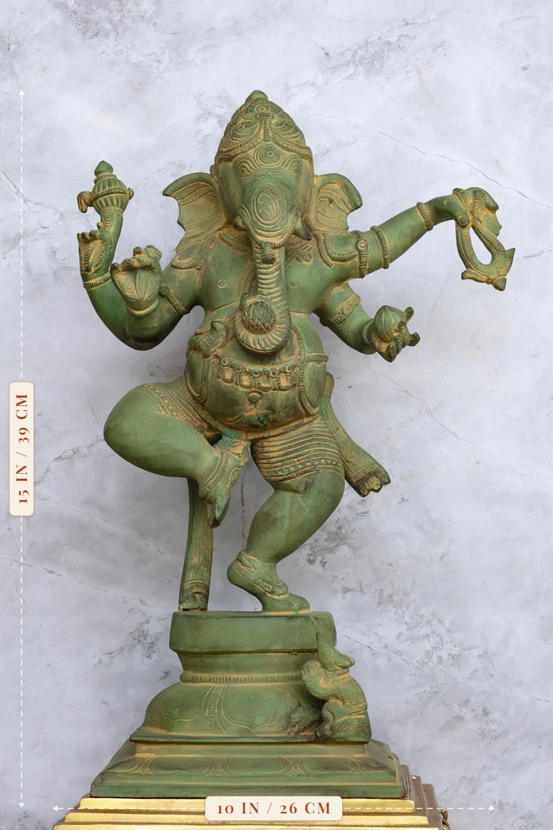 15″ Dancing Ganesh | Handcrafted Brass | Green Stone Finish — size and dimensions