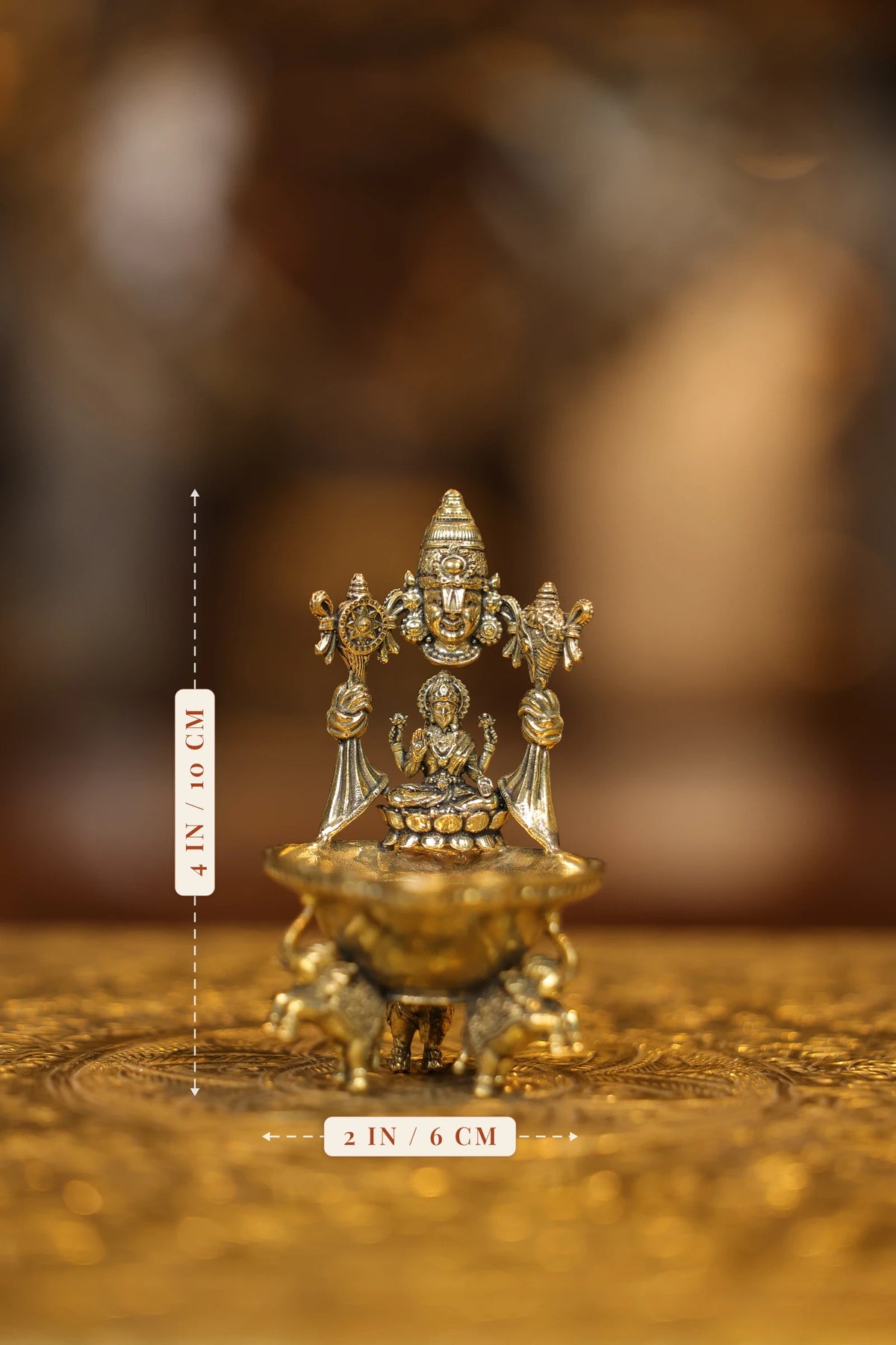 4″ Lakshmi Balaji Lamp Elephant Base | Super Fine Brass | Polished Finish — size and dimensions