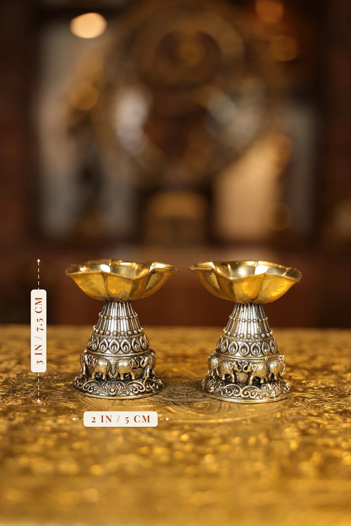 3″ Fancy Lamp with Elephant Engraving Pair | Super Fine Brass | Polished Finish — size and dimensions
