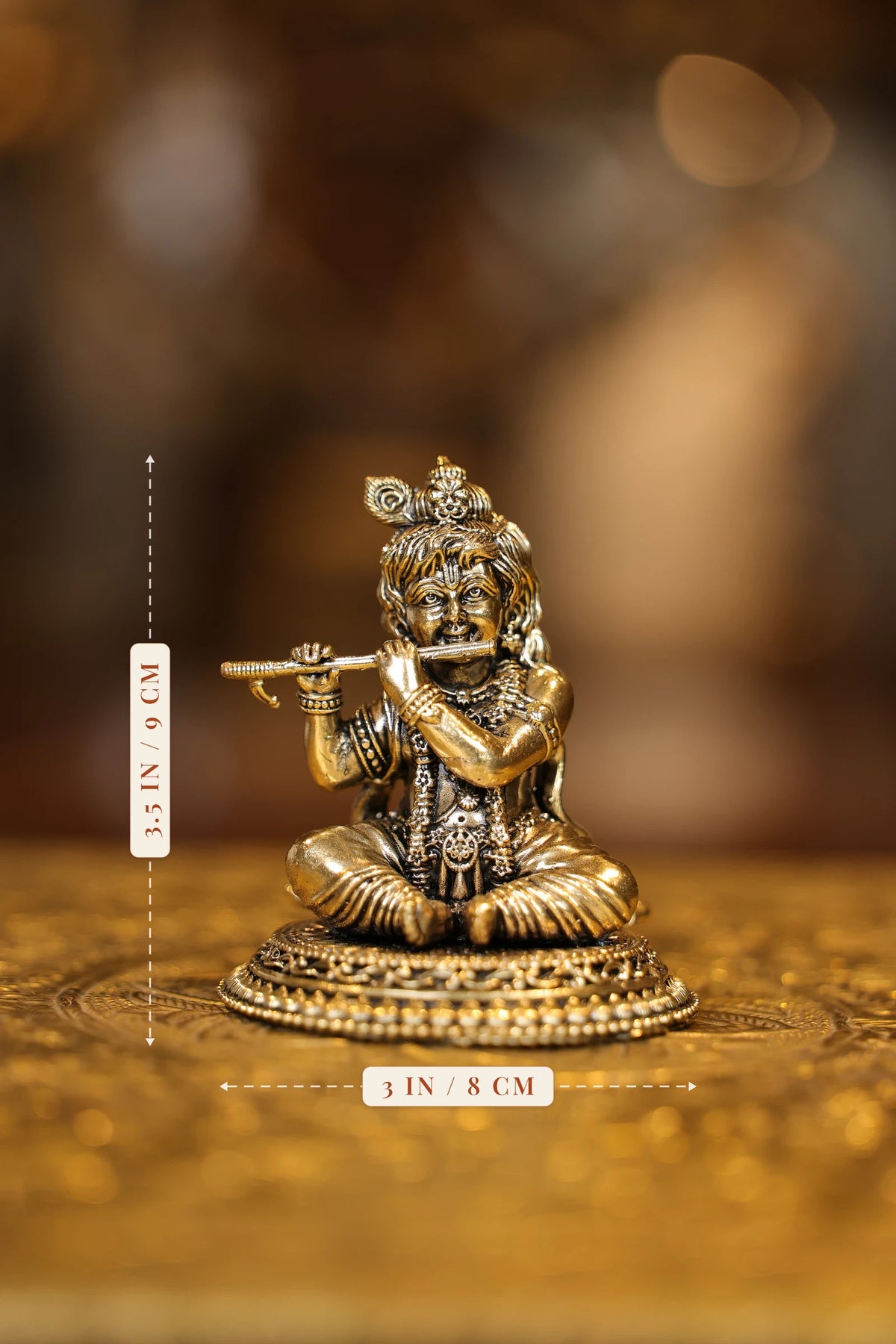 3″ Sitting Baby Flute Krishna | Super Fine Brass | Polished Finish — size and dimensions
