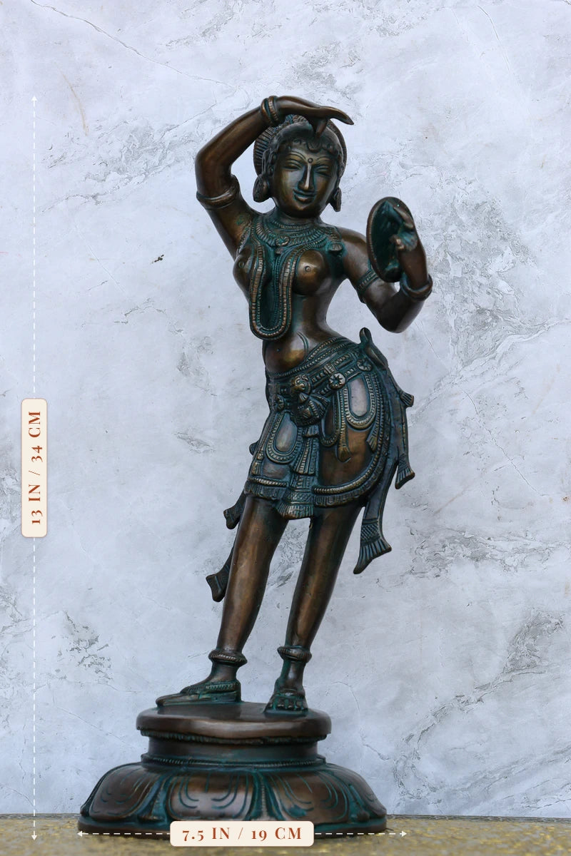 13″ Lady with Mirror Showpiece | Handcrafted Brass | Antique Green Finish — size and dimensions