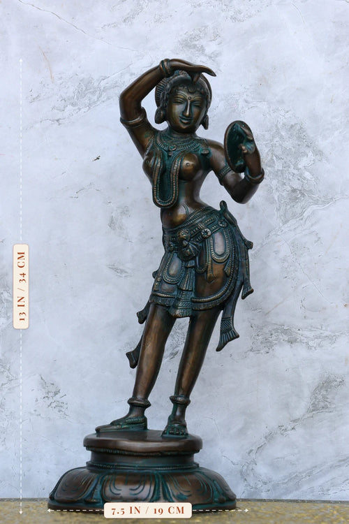 13″ Lady with Mirror Showpiece | Handcrafted Brass | Antique Green Finish — size and dimensions