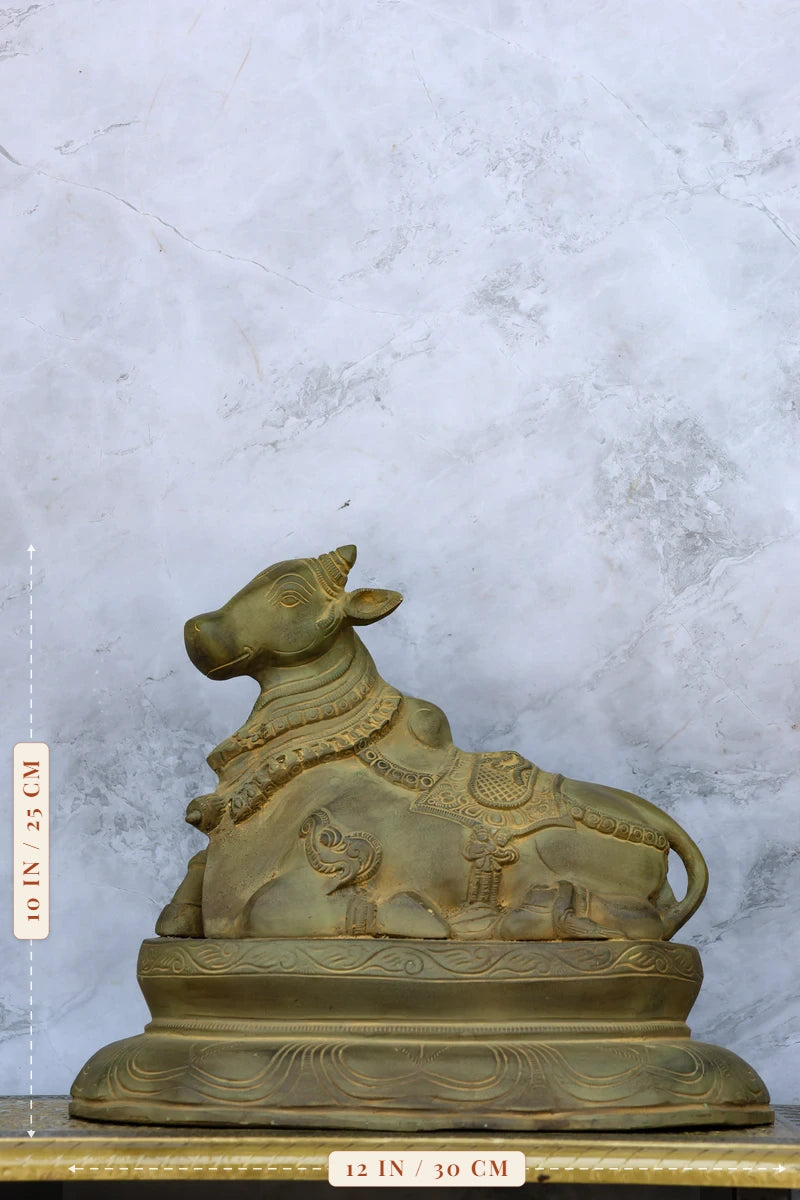 10″ Nandhi with Base | Handcrafted Brass | Green Stone Finish — size and dimensions
