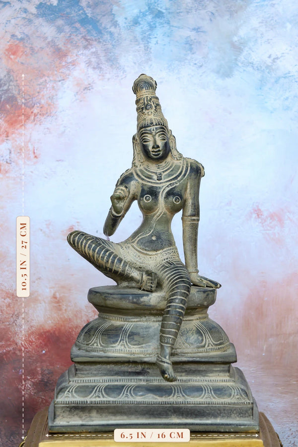 10″ Bogasakthi (Sitting Parvati) | Handcrafted Brass | Gray Stone Finish dimensions