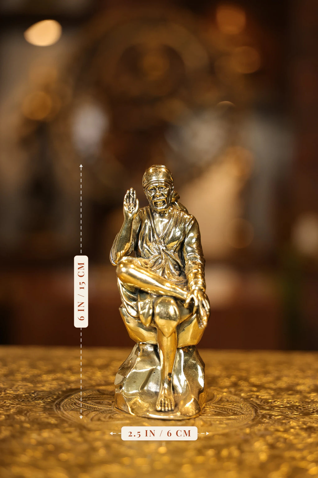 6″ Sitting Saibaba | Super Fine Brass | Polished Finish — size and dimensions