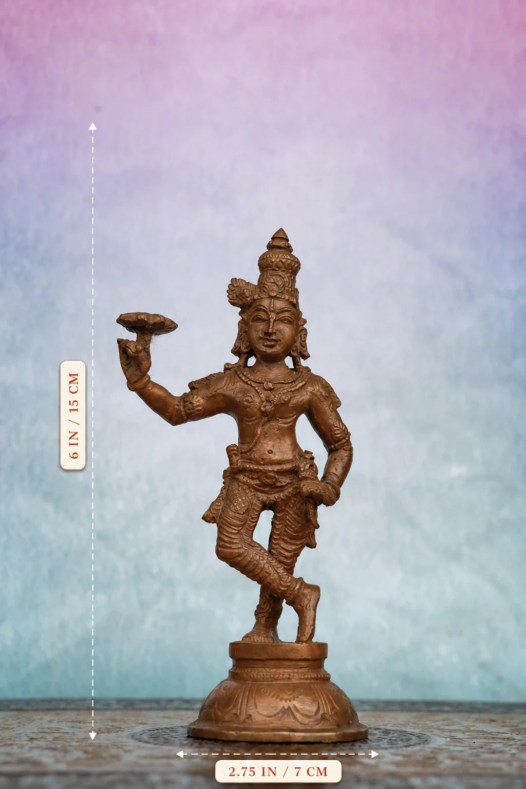 6″ Krishna with Sudarshana Chakra | Handcrafted Panchaloha | Wood Patina