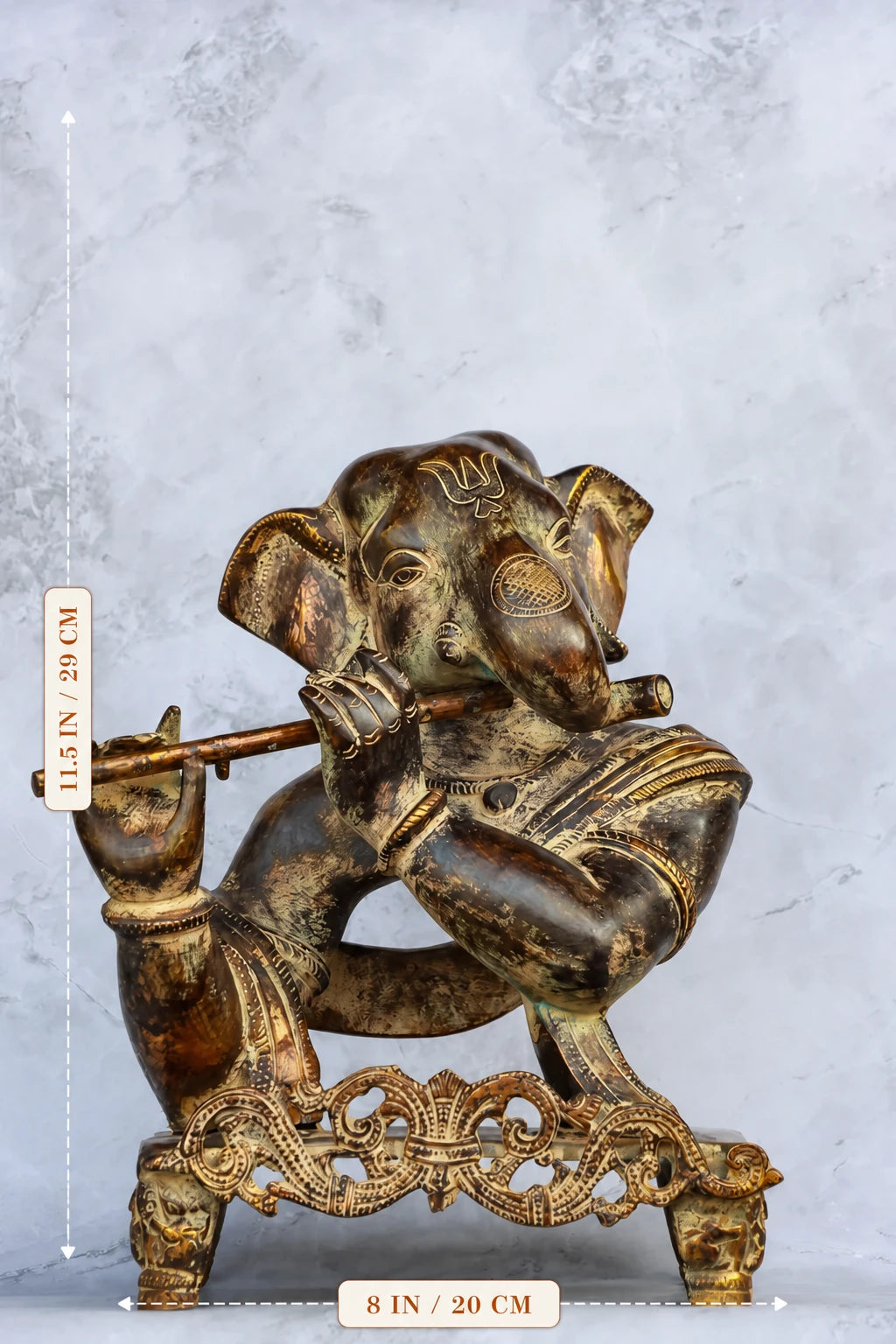 11″ Modern Flute Ganesha | Handcrafted Brass | Brown Patina Finish