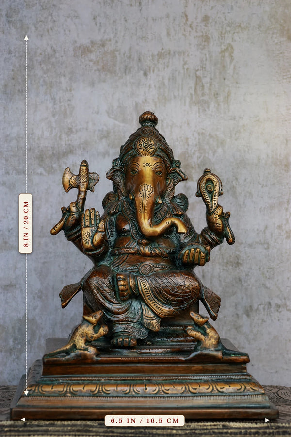 8″ Blessing Ganesha | Handcrafted Brass | Antique Brown Finish dimensions