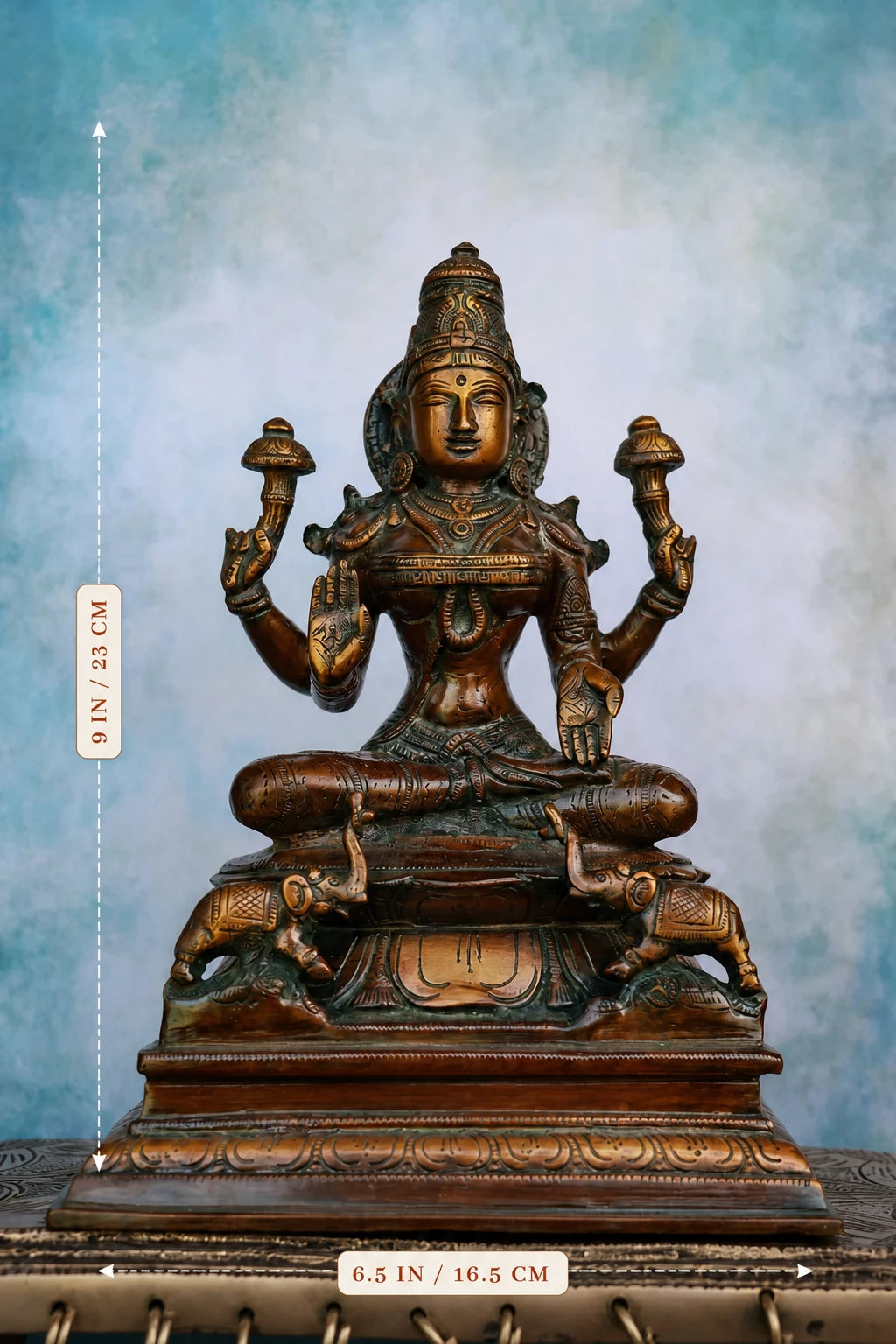 9″ Seated Goddess Lakshmi | Handcrafted Brass | Antique Brown Finish