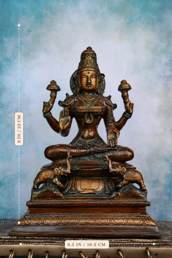 9″ Seated Goddess Lakshmi | Handcrafted Brass | Antique Brown Finish dimensions