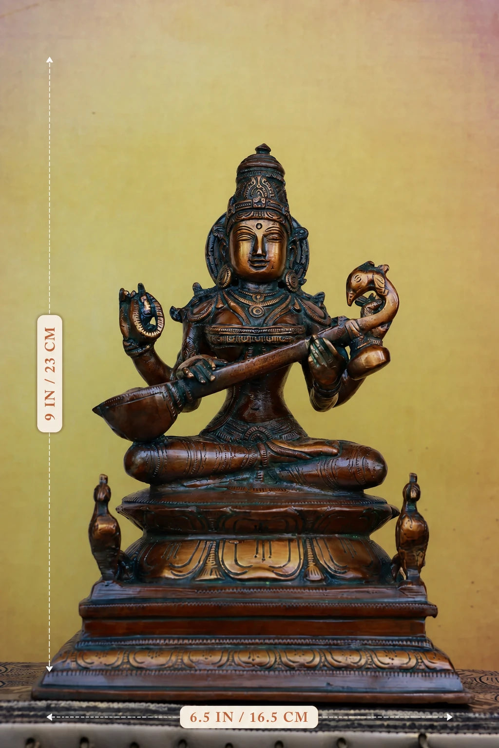 9″ Saraswathi Sitting | Handcrafted Brass | Antique Brown Finish