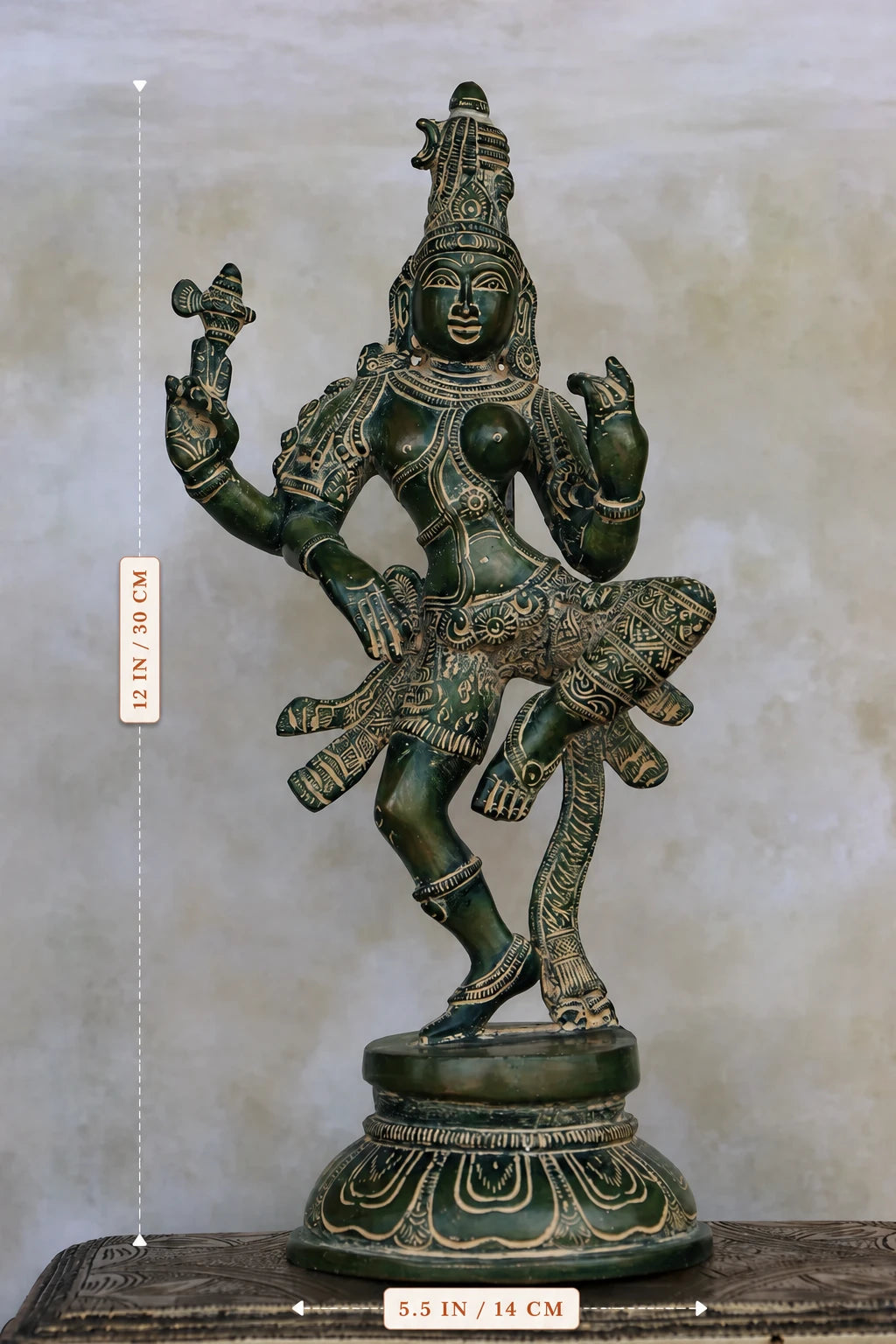 12″ Dancing Ardhanareeswar | Handcrafted Brass | Green Finish