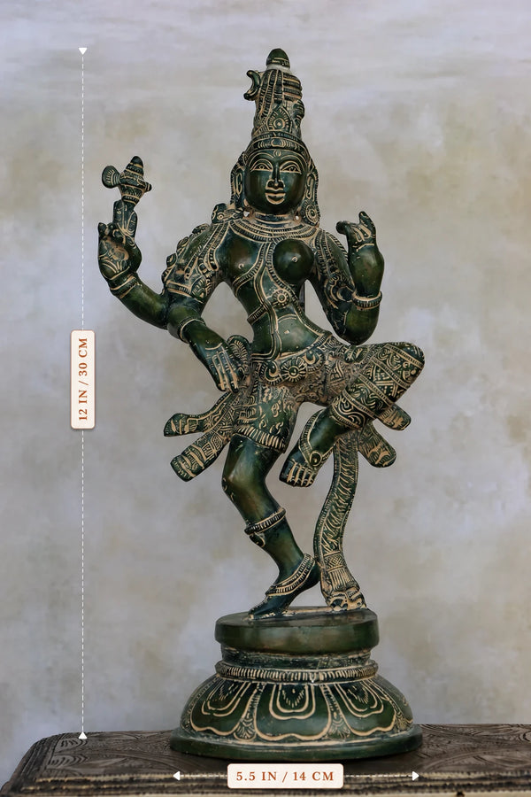 12″ Dancing Ardhanareeswar | Handcrafted Brass | Green Finish dimensions