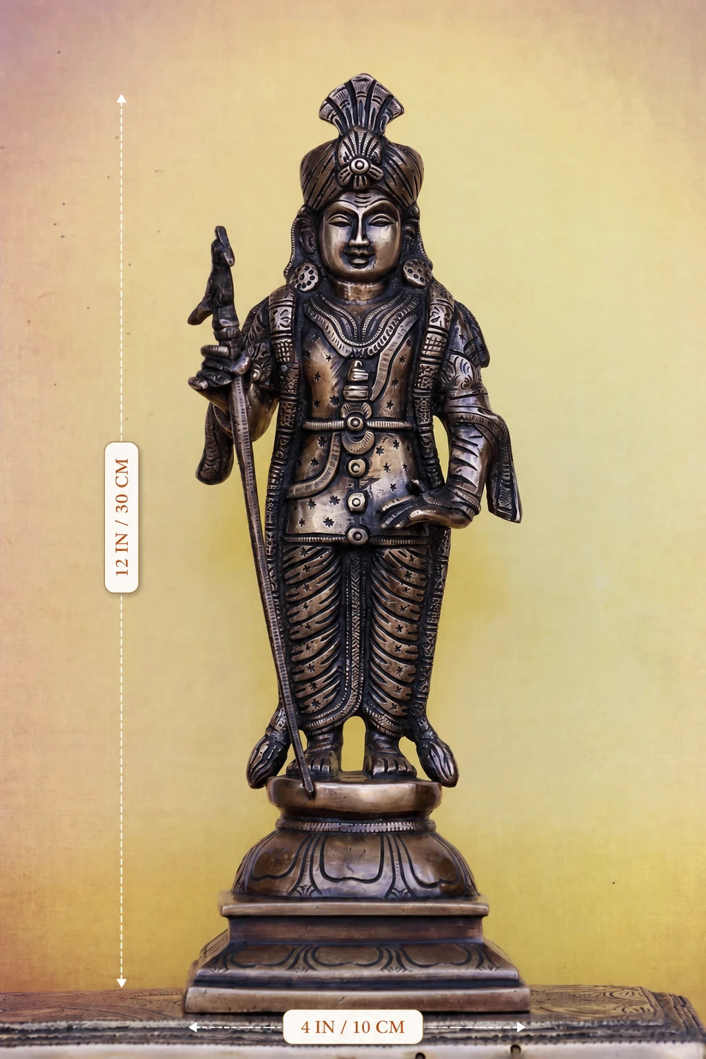 12″ Raja Alangara Murugan (Palani) | Handcrafted Brass | Antique Brass Finish
