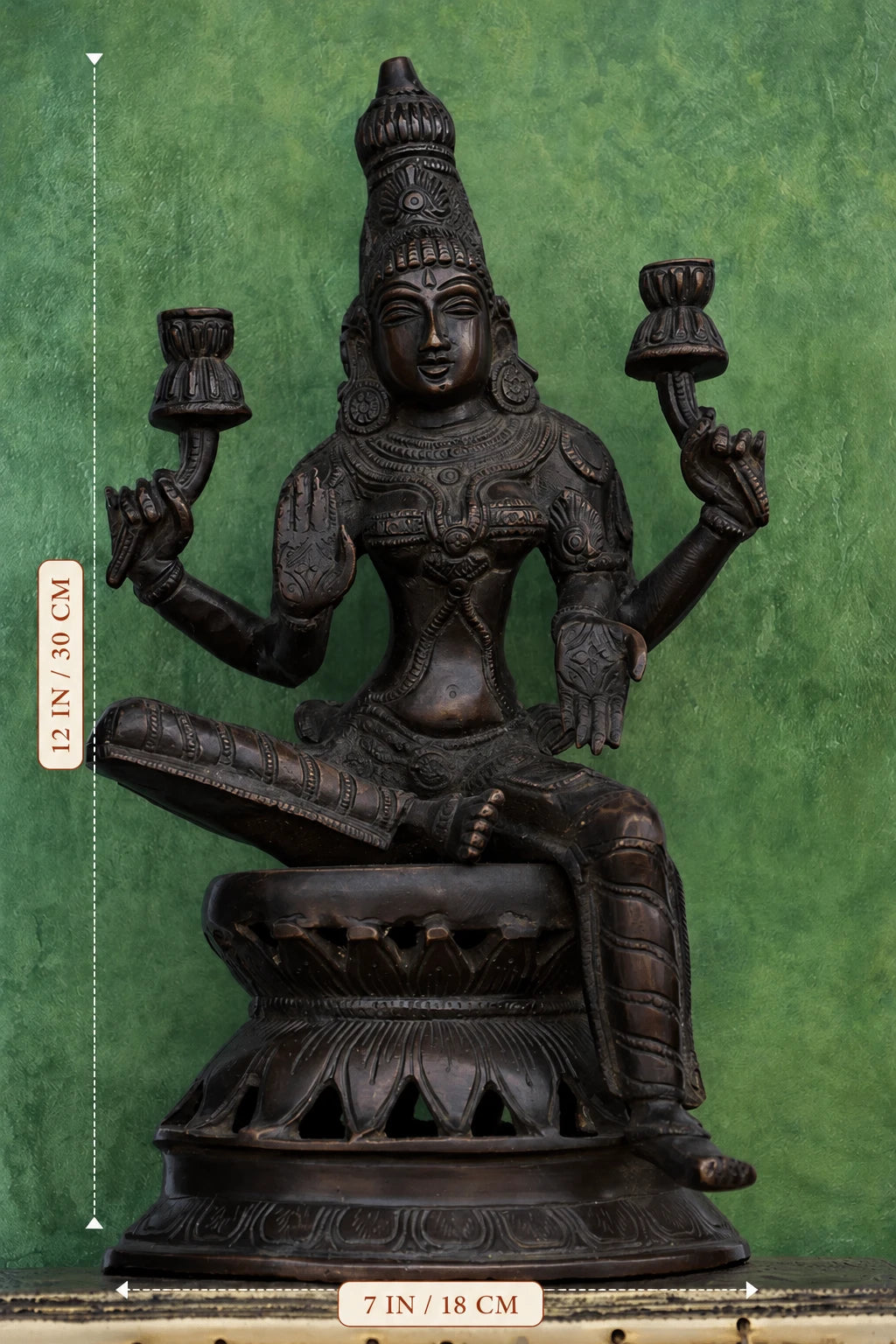12″ Sitting Lakshmi (Chola Style) | Handcrafted Brass | Brown Finish