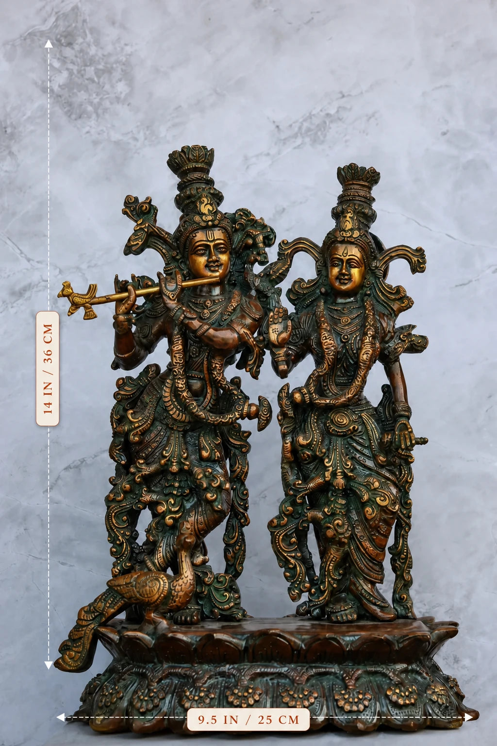 14″ Radha Krishna Idol | Handcrafted Brass | Brown Patina