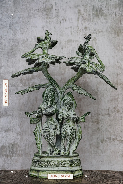 10″ Divine Radha Krishna Under Tree | Handcrafted Brass | Green Stone Finish