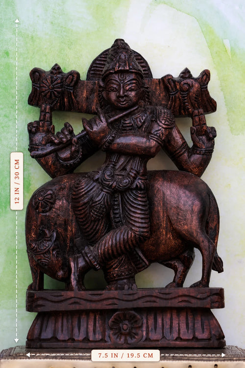 12″ Graceful Flute Krishna Idol for Pooja & Home Décor | Handcrafted Wood Carving