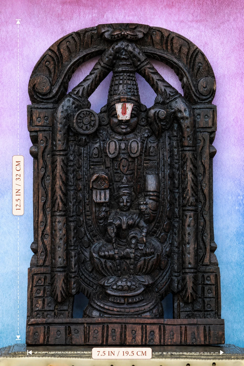 12″ Sacred Tirupathi Balaji with Lakshmi Wall Hanging for Pooja & Home Décor | Handcrafted Wood Carving