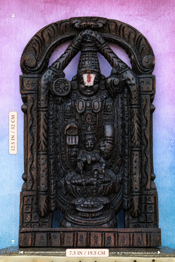 12″ Sacred Tirupathi Balaji with Lakshmi Wall Hanging for Pooja & Home Décor | Handcrafted Wood Carving dimensions