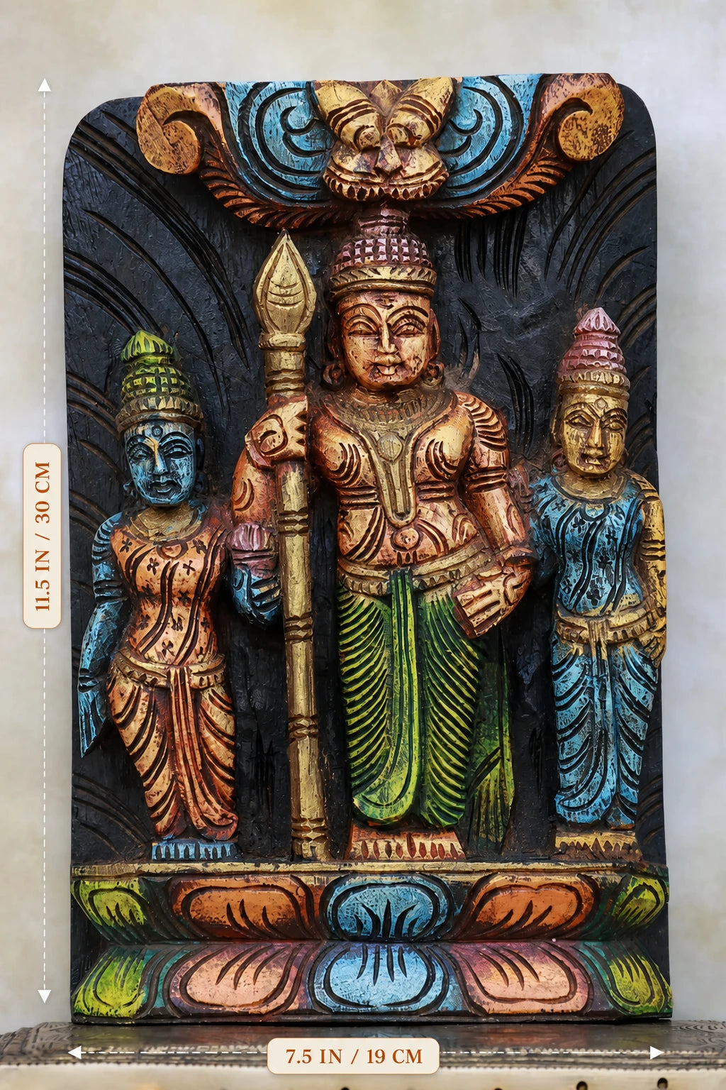 11″ Vibrant Murugan with Valli & Deivanai Wall Hanging for Pooja & Home Décor | Handcrafted Wood Carving | Antique Colour Finish